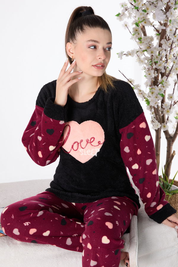 Düz Bisiklet Yaka Kadın Siyah Peluş Pijama Takımı - 23557