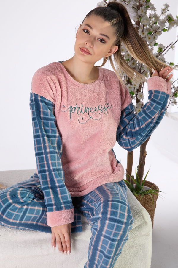 Düz Bisiklet Yaka Kadın Pembe Peluş Pijama Takımı - 23551