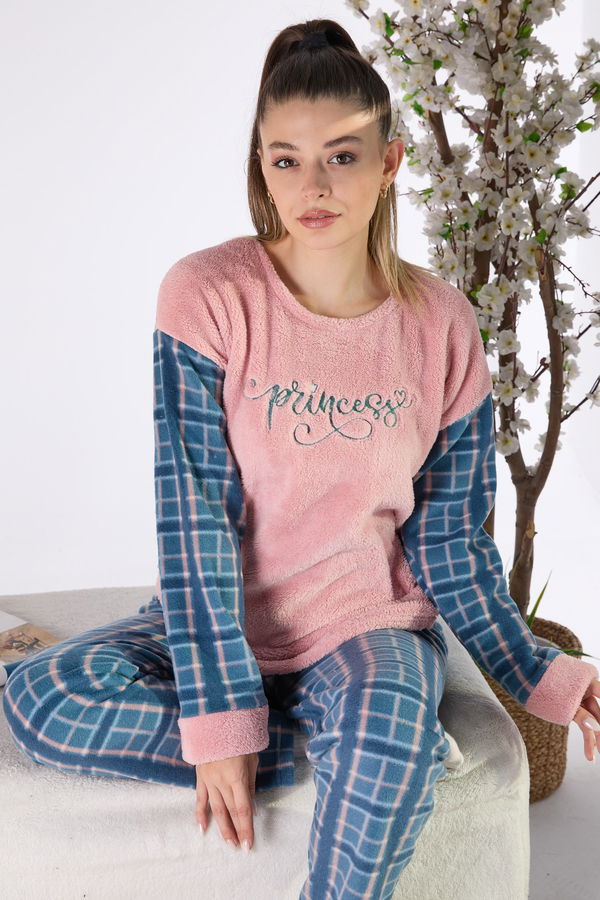 Düz Bisiklet Yaka Kadın Pembe Peluş Pijama Takımı - 23551