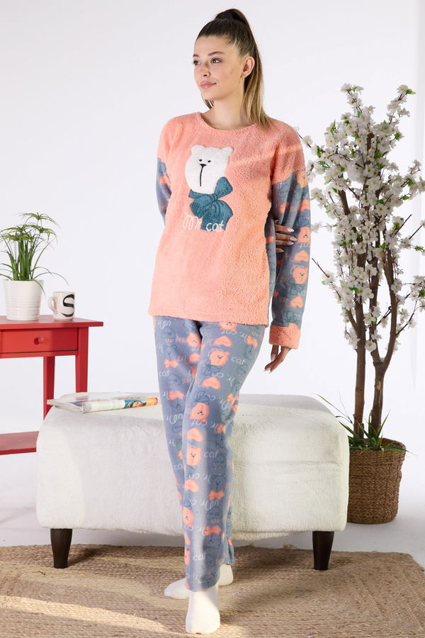 Düz Bisiklet Yaka Kadın Pembe Peluş Pijama Takımı - 23556 PEMBE