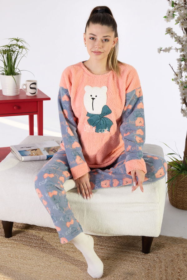 Düz Bisiklet Yaka Kadın Pembe Peluş Pijama Takımı - 23556 PEMBE