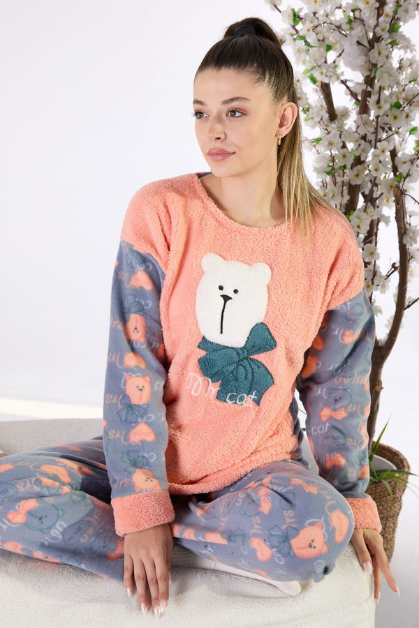 Düz Bisiklet Yaka Kadın Pembe Peluş Pijama Takımı - 23556 PEMBE
