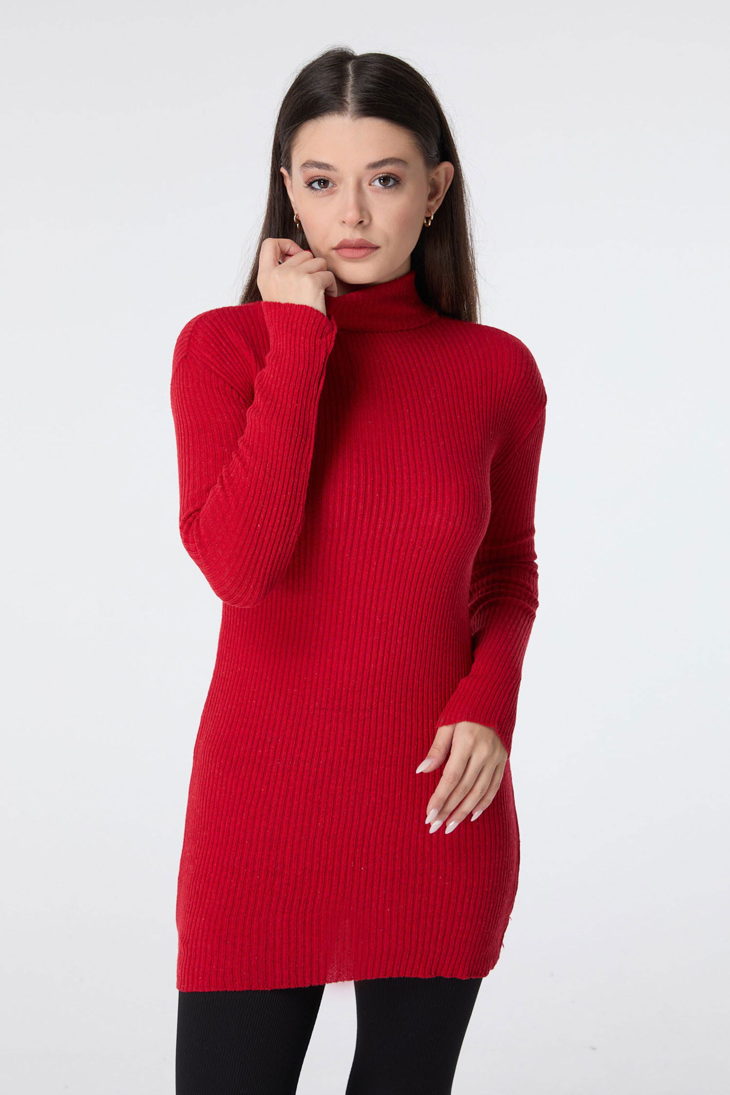 Düz Balıkcı Yaka Kadın Kırmızı Triko Tunik - 23534