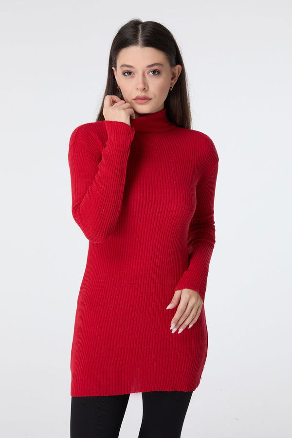 Düz Balıkcı Yaka Kadın Kırmızı Triko Tunik - 23534