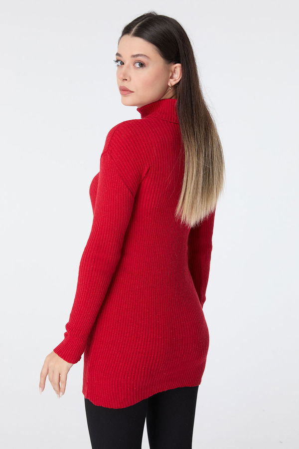 Düz Balıkcı Yaka Kadın Kırmızı Triko Tunik - 23534