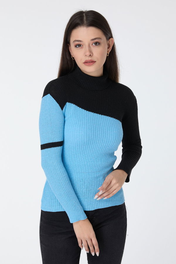 Düz Balıkcı Yaka Kadın Mavi Triko Kazak - 23533 MAVİ