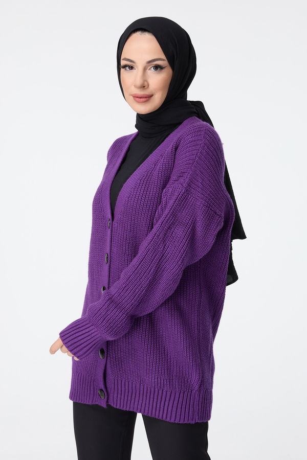 Düz Kruvaze Yaka Kadın Mor Triko Hırka - 23519