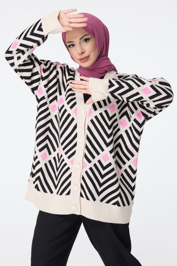 Düz Kruvaze Yaka Kadın Pembe Triko Hırka - 23520 PEMBE