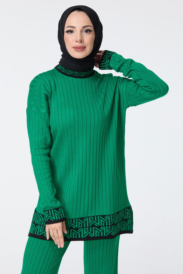 Düz Yarım Balıkçı Yaka Kadın Yeşil Triko Tunik Pantolon - 23513