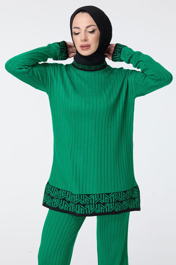 Düz Yarım Balıkçı Yaka Kadın Yeşil Triko Tunik Pantolon - 23513