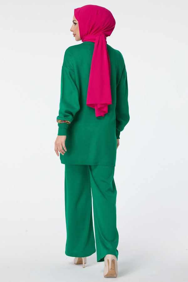 Düz Bisiklet Yaka Kadın Yeşil Triko Tunik Pantolon - 23524