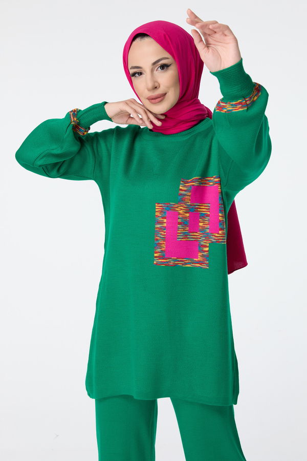 Düz Bisiklet Yaka Kadın Yeşil Triko Tunik Pantolon - 23524