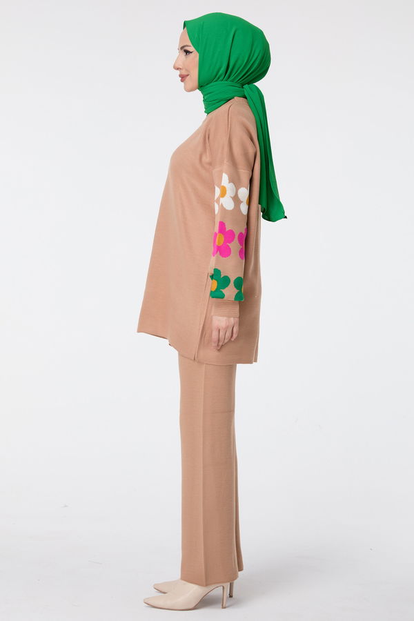 Düz Bisiklet Yaka Kadın Vizon Triko Tunik Pantolon - 23511