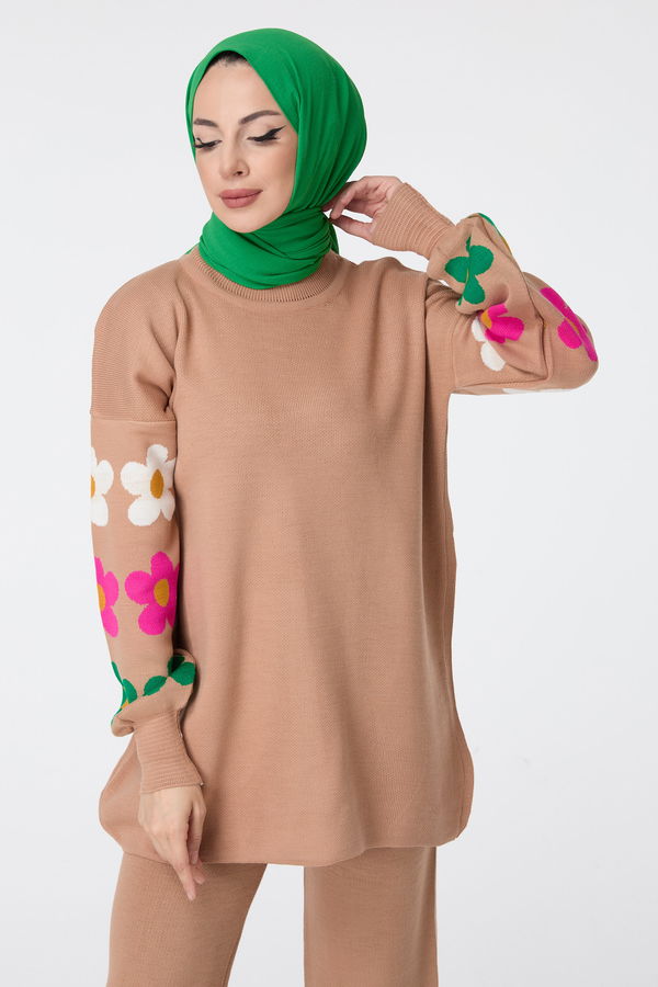 Düz Bisiklet Yaka Kadın Vizon Triko Tunik Pantolon - 23511