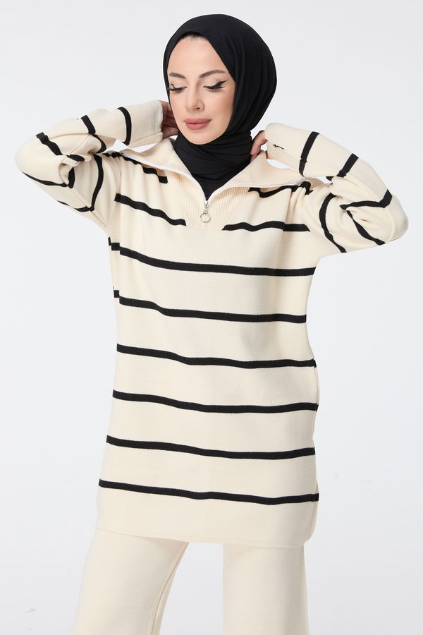Düz Ceket Yaka Kadın Ekru Triko Tunik Pantolon - 23515 EKRU