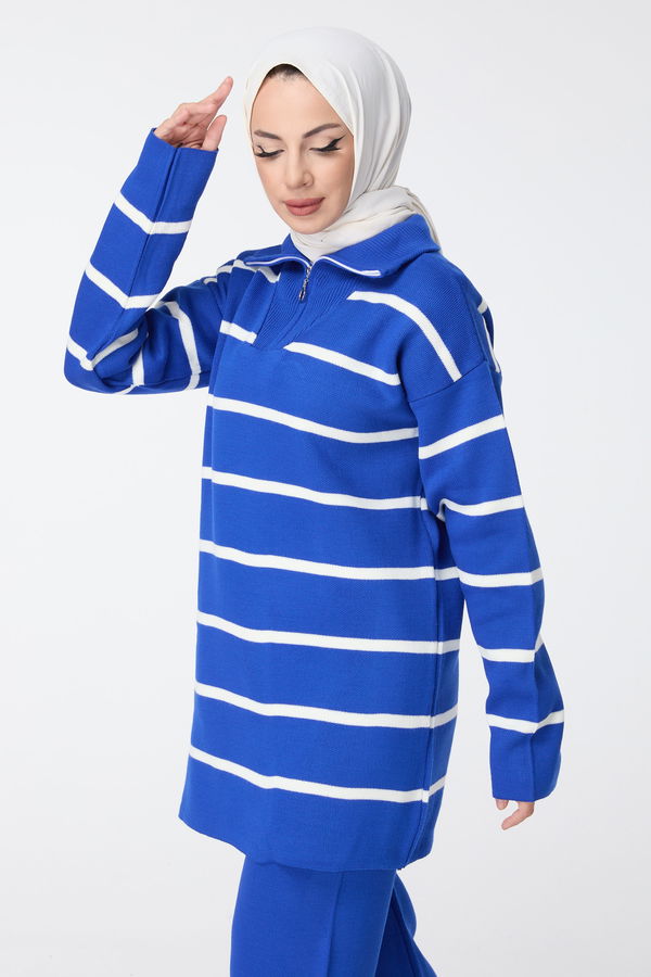 Düz Ceket Yaka Kadın Mavi Triko Tunik Pantolon - 23515 MAVİ