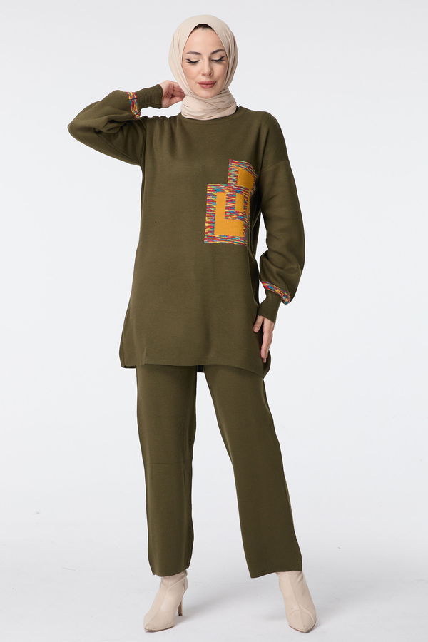 Düz Bisiklet Yaka Kadın Haki Triko Tunik Pantolon - 23524