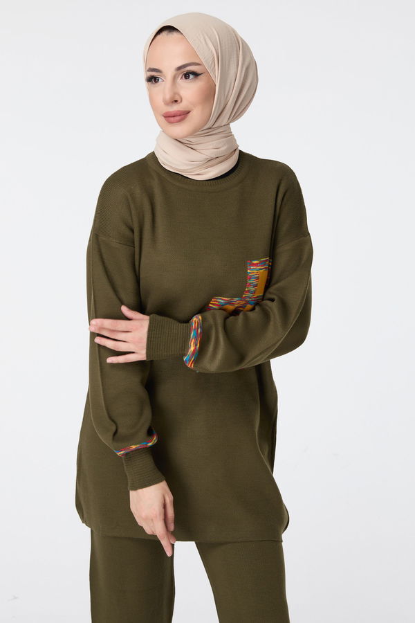 Düz Bisiklet Yaka Kadın Haki Triko Tunik Pantolon - 23524