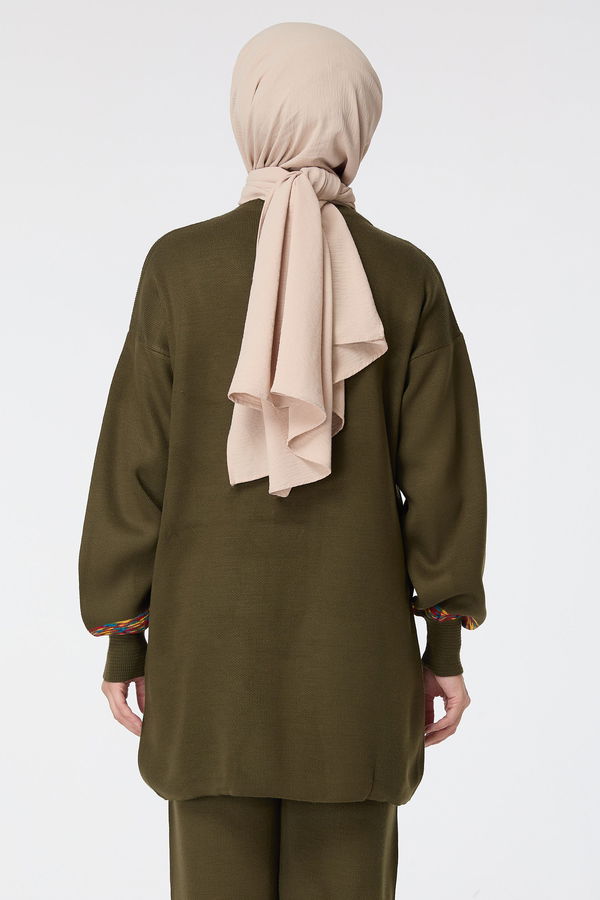 Düz Bisiklet Yaka Kadın Haki Triko Tunik Pantolon - 23524