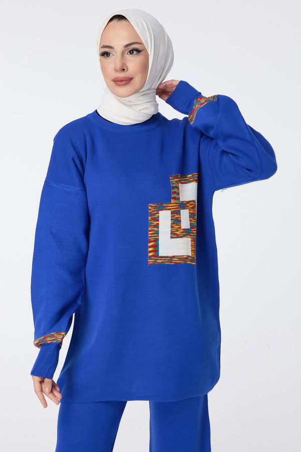 Düz Bisiklet Yaka Kadın Mavi Triko Tunik Pantolon - 23524