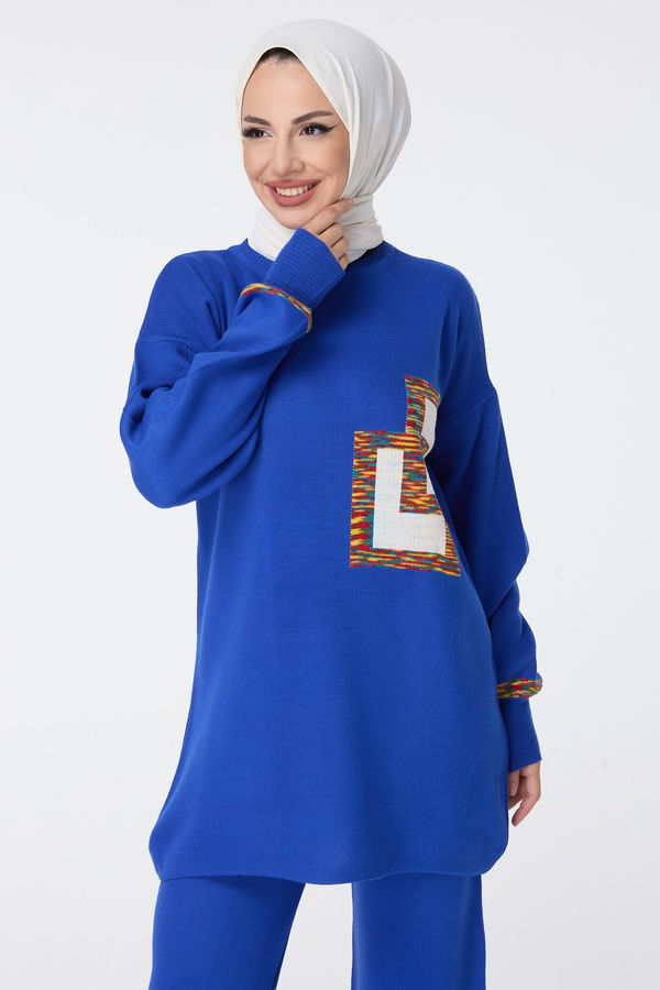 Düz Bisiklet Yaka Kadın Mavi Triko Tunik Pantolon - 23524