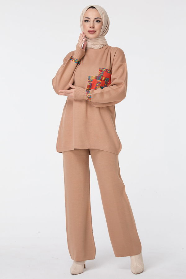Düz Bisiklet Yaka Kadın Vizon Triko Tunik Pantolon - 23524