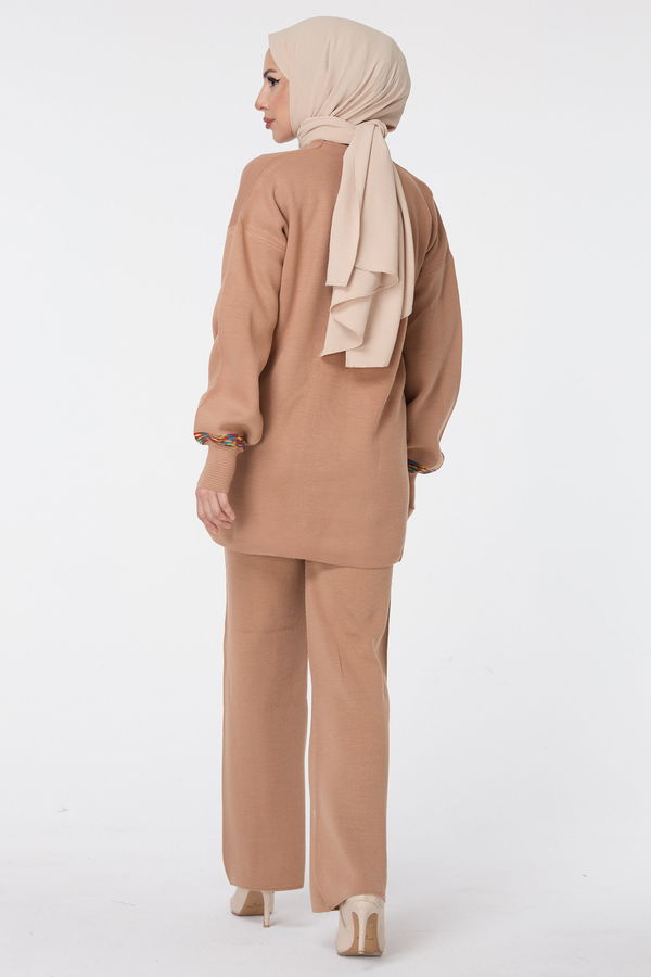 Düz Bisiklet Yaka Kadın Vizon Triko Tunik Pantolon - 23524