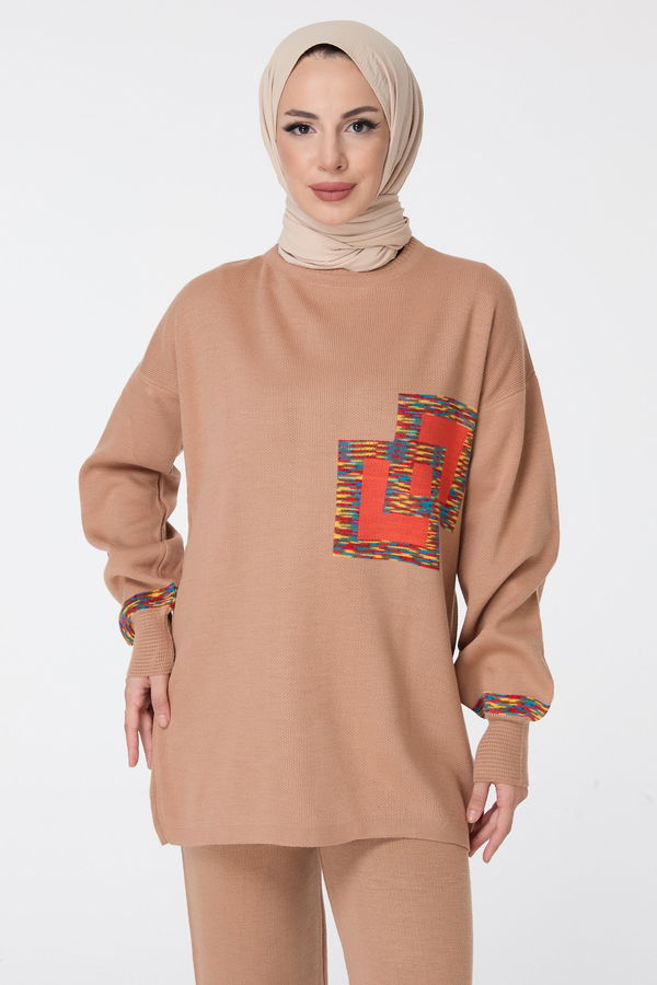 Düz Bisiklet Yaka Kadın Vizon Triko Tunik Pantolon - 23524