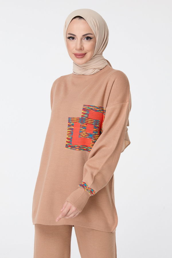 Düz Bisiklet Yaka Kadın Vizon Triko Tunik Pantolon - 23524
