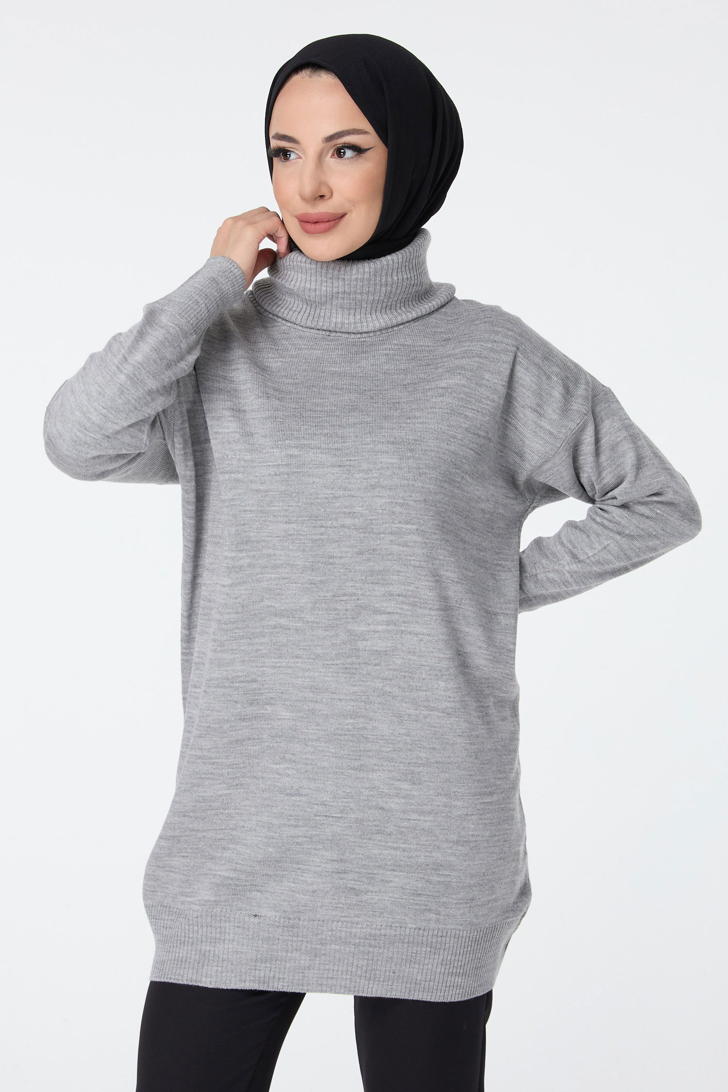 Düz Balıkcı Yaka Kadın Gri Triko Tunik - 23527
