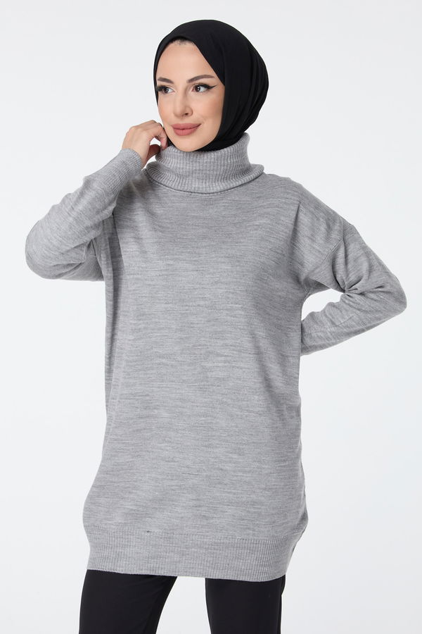 Düz Balıkcı Yaka Kadın Gri Triko Tunik - 23527
