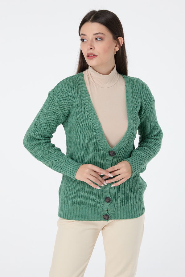 Düz Orta Kadın Haki Triko Hırka - 23505 HAKİ