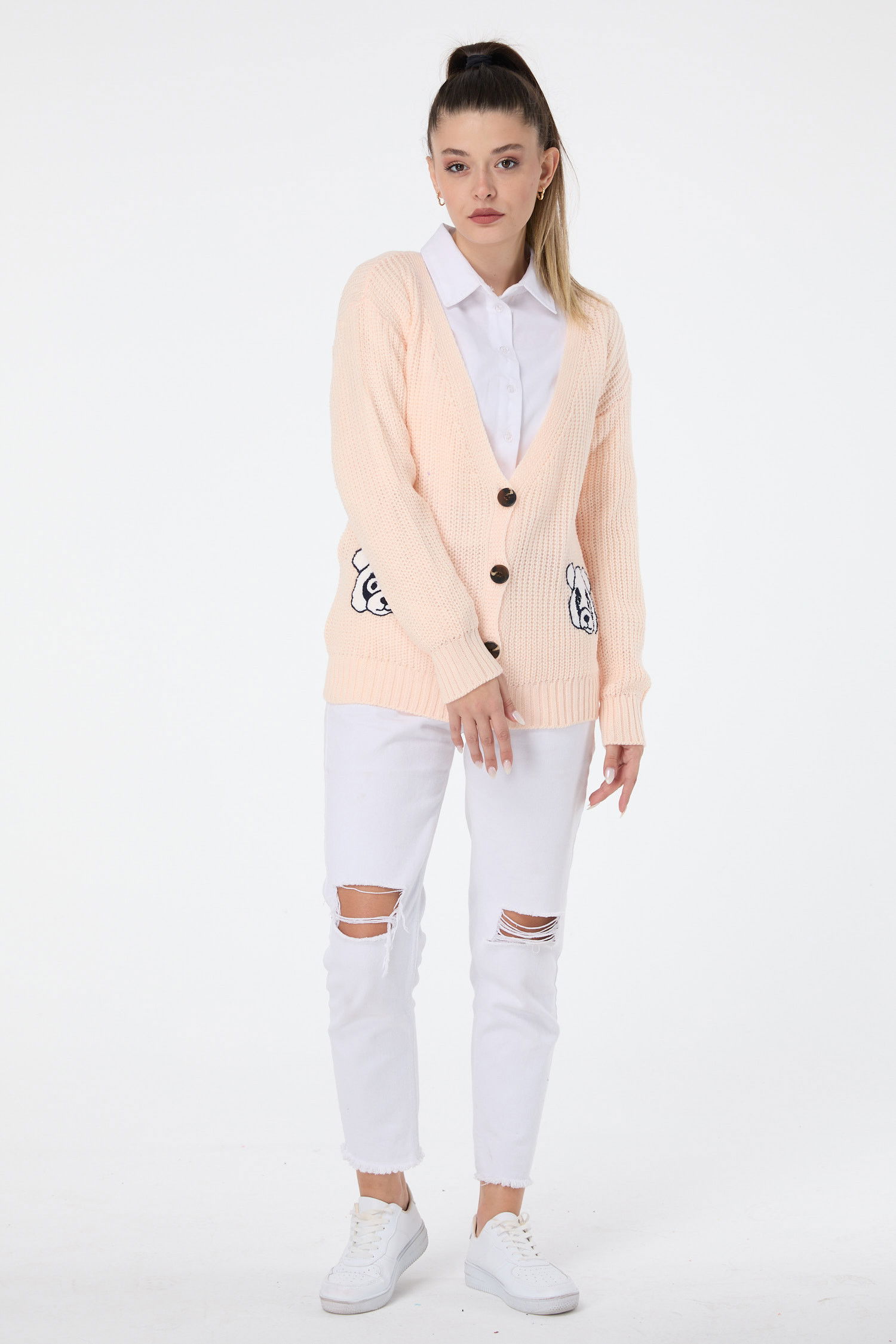 Düz Orta Kadın Pembe Triko Hırka - 23504