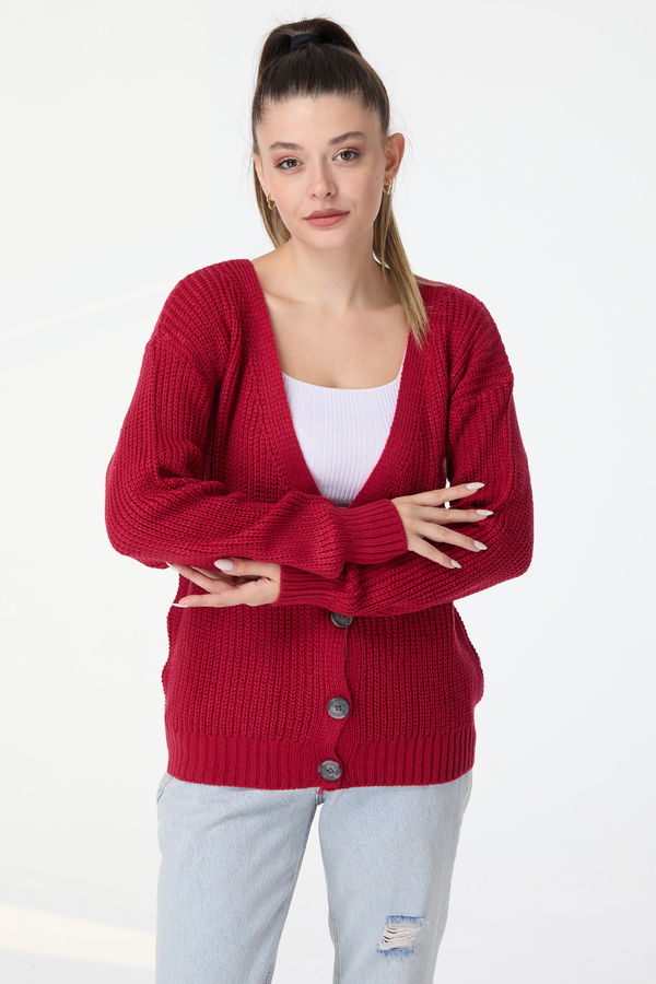 Düz Orta Kadın Kırmızı Triko Hırka - 23505 Kırmızı
