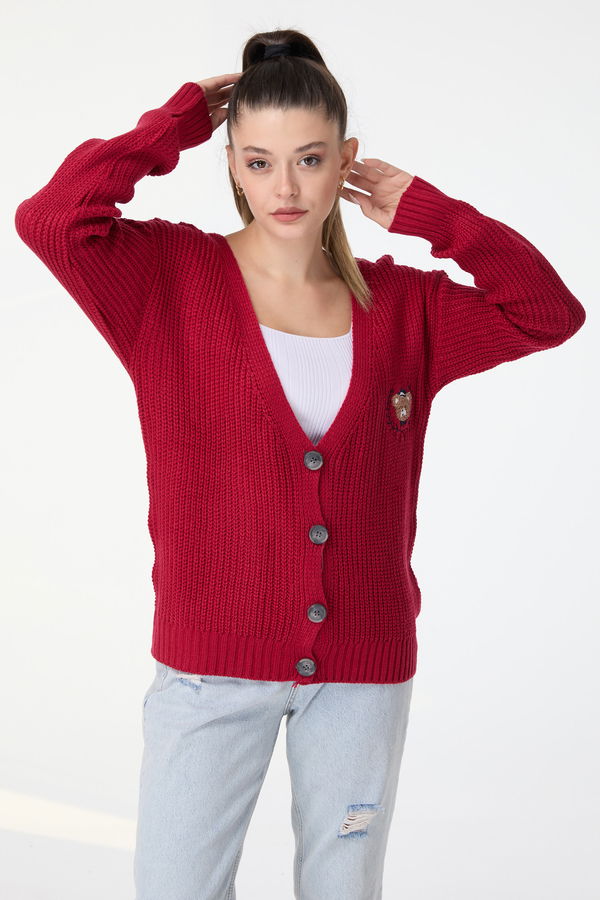 Düz Orta Kadın Kırmızı Triko Hırka - 23505 Kırmızı