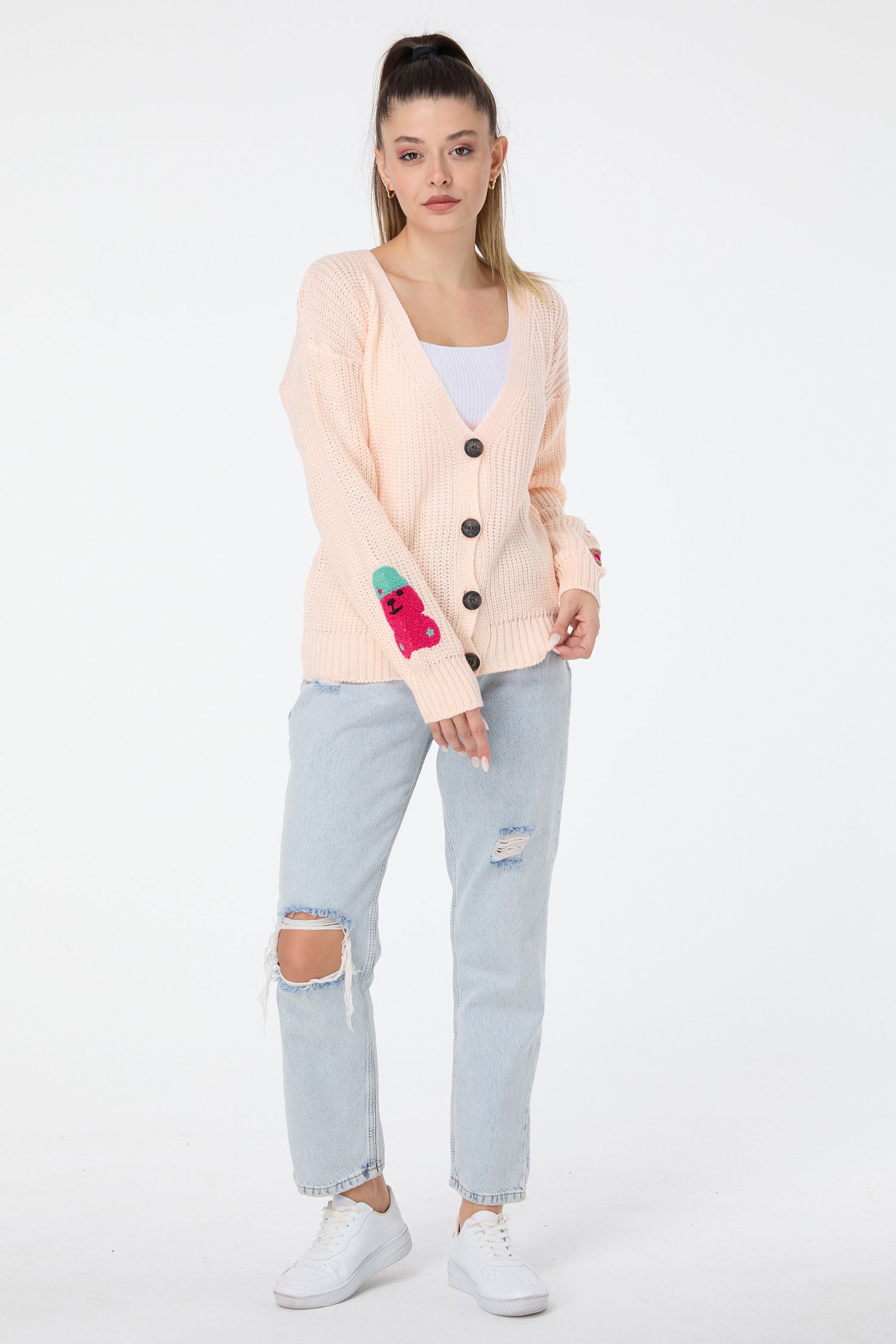 Düz Orta Kadın Pembe Triko Hırka - 23506