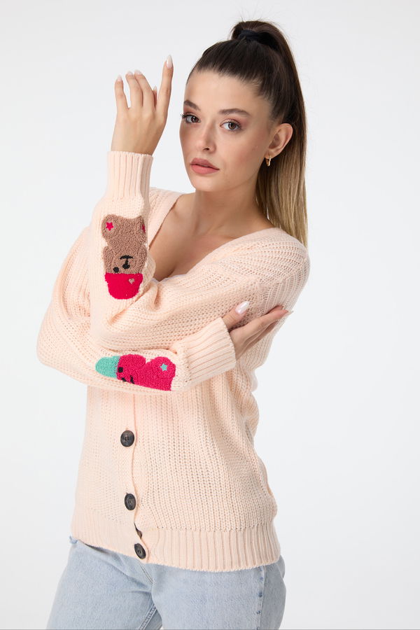 Düz Orta Kadın Pembe Triko Hırka - 23506