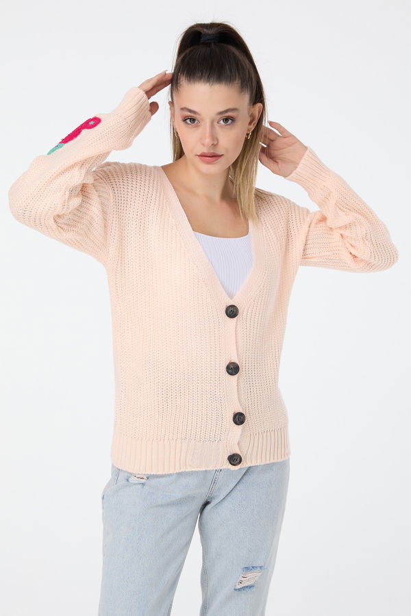 Düz Orta Kadın Pembe Triko Hırka - 23506