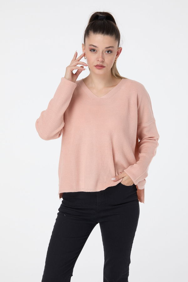 Düz Degaje Yaka Kadın Pembe Triko Kazak - 23510