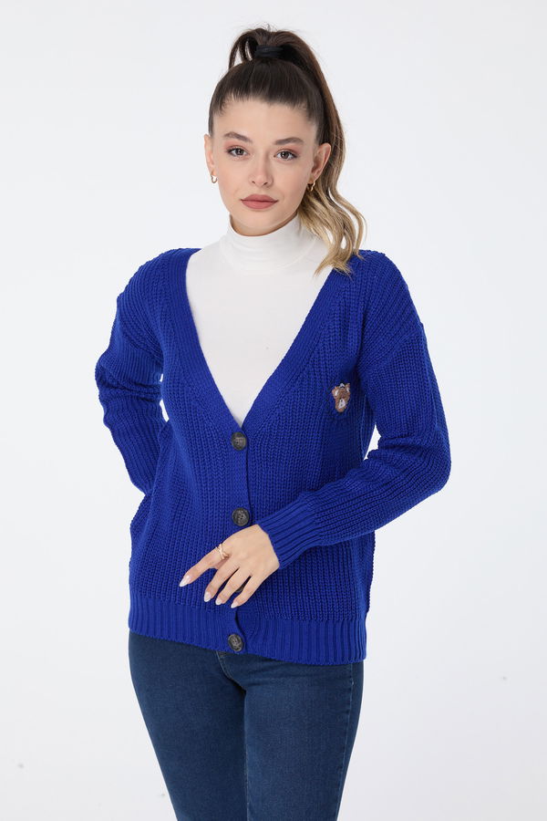Düz Orta Kadın Mavi Triko Hırka - 23505 MAVİ
