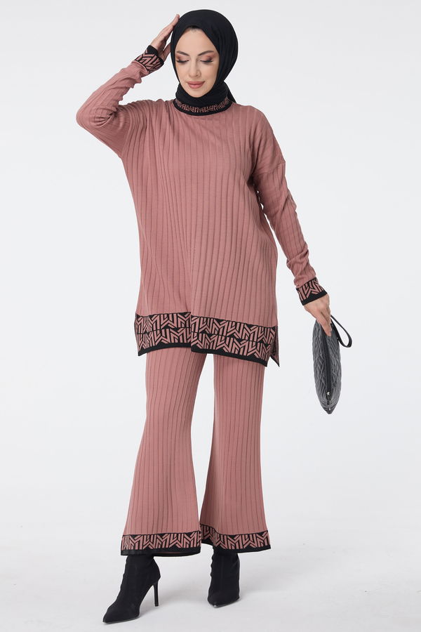 Düz Yarım Balıkçı Yaka Kadın Pembe Triko Tunik Pantolon - 23513