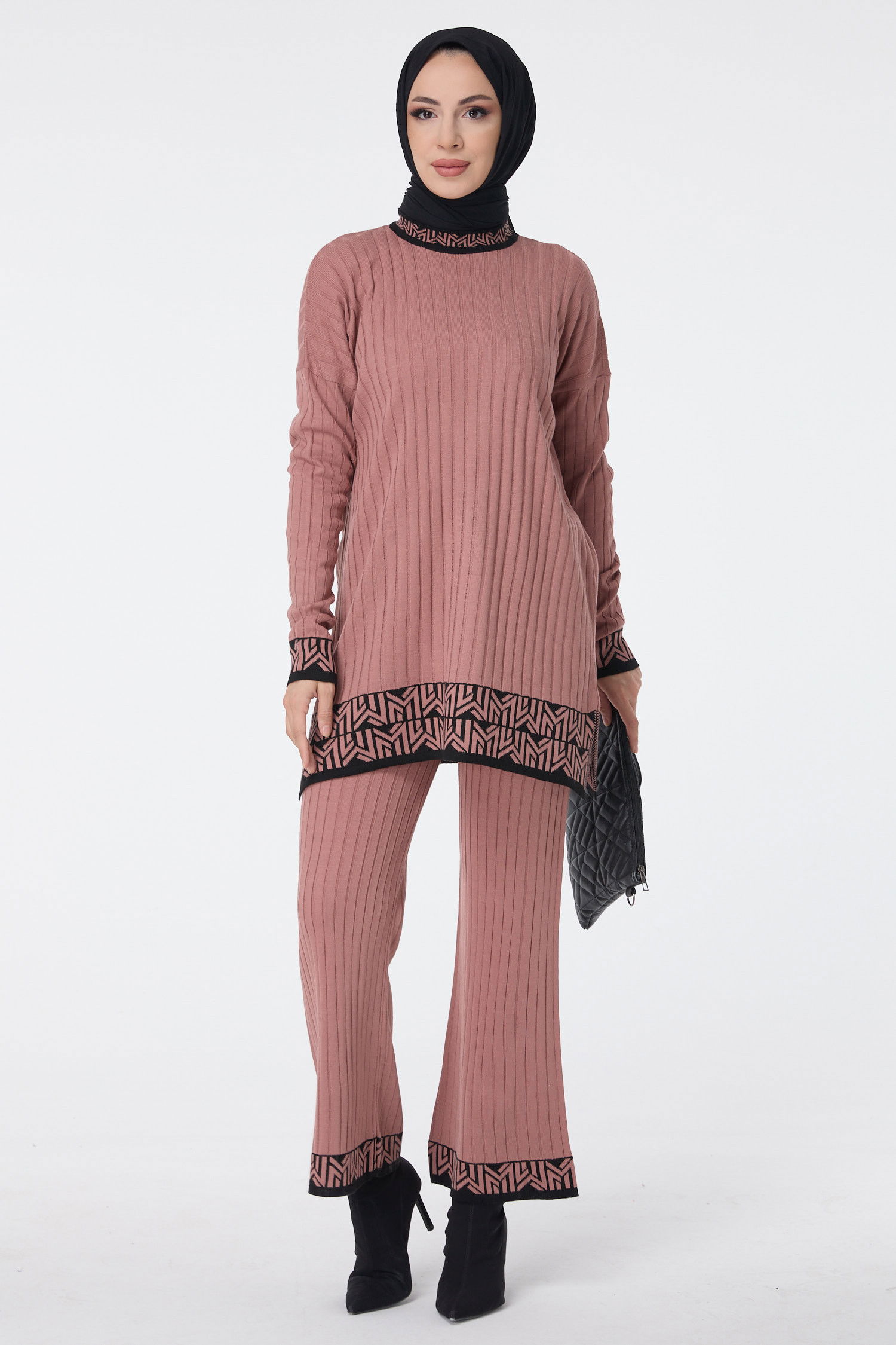 Düz Yarım Balıkçı Yaka Kadın Pembe Triko Tunik Pantolon - 23513