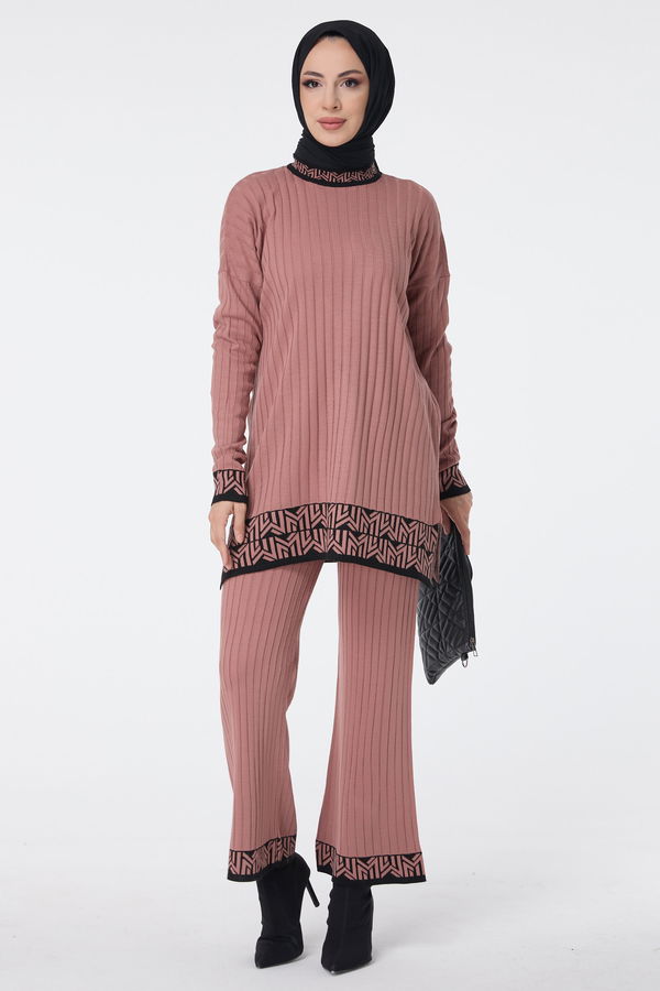 Düz Yarım Balıkçı Yaka Kadın Pembe Triko Tunik Pantolon - 23513