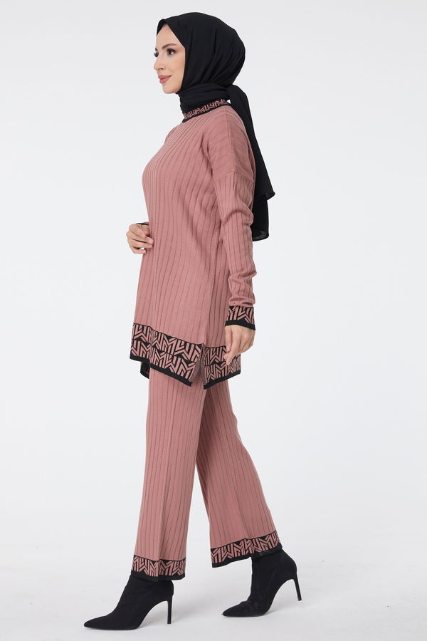 Düz Yarım Balıkçı Yaka Kadın Pembe Triko Tunik Pantolon - 23513