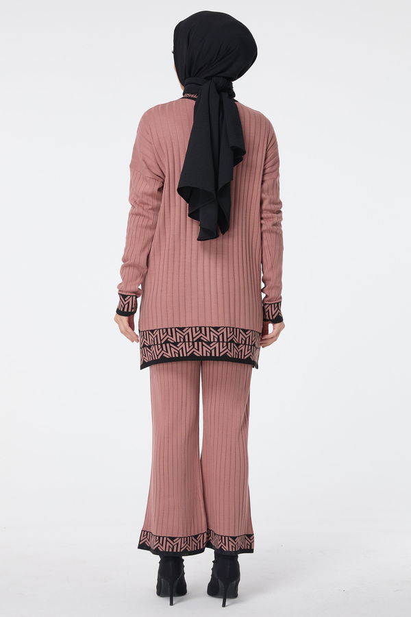 Düz Yarım Balıkçı Yaka Kadın Pembe Triko Tunik Pantolon - 23513