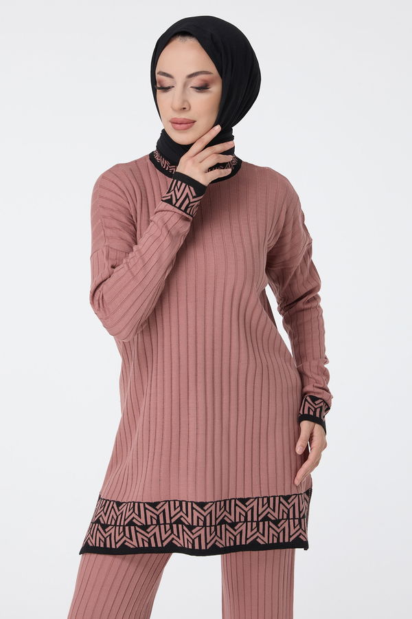 Düz Yarım Balıkçı Yaka Kadın Pembe Triko Tunik Pantolon - 23513