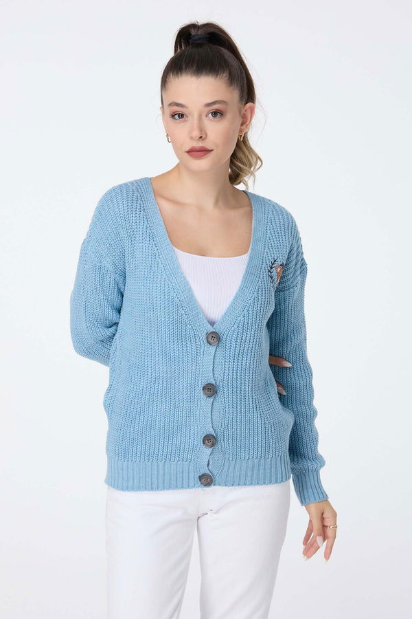 Düz Orta Kadın Mavi Triko Hırka - 23505 MAVİ