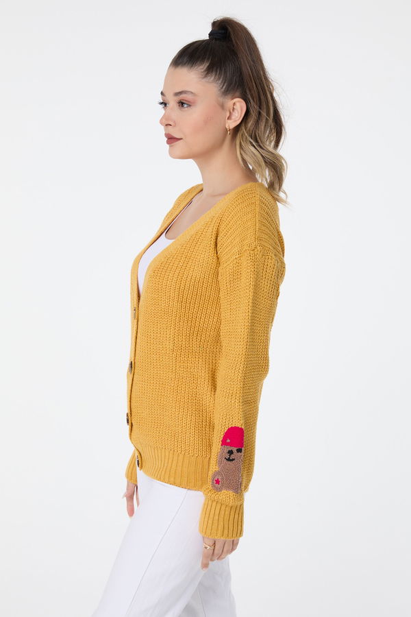 Düz Orta Kadın Sarı Triko Hırka - 23506