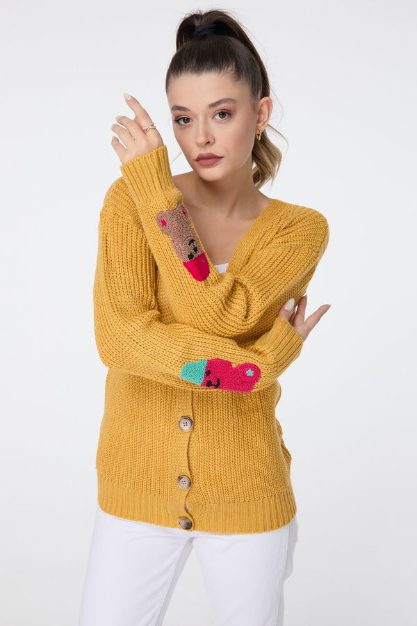 Düz Orta Kadın Sarı Triko Hırka - 23506
