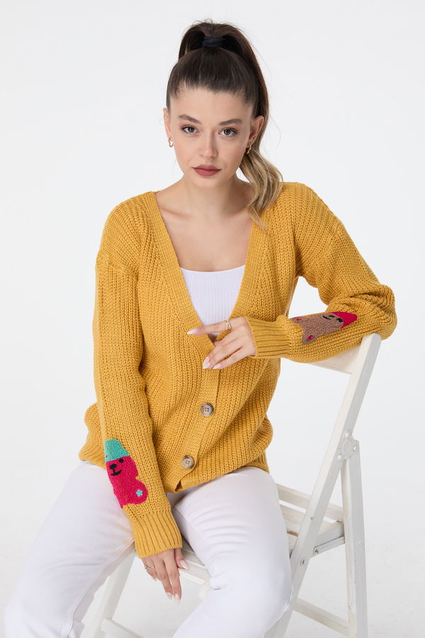 Düz Orta Kadın Sarı Triko Hırka - 23506